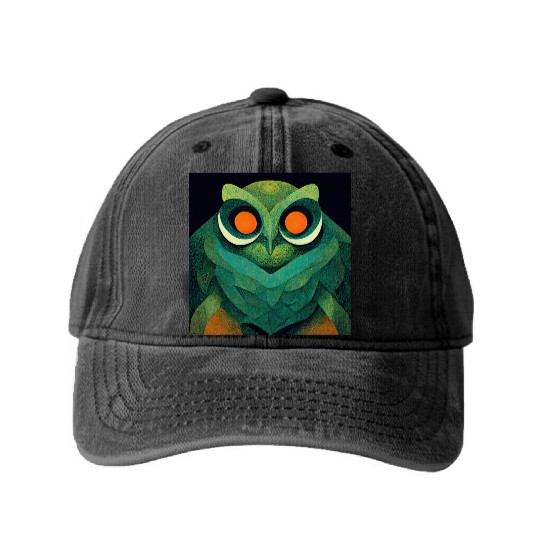 Mod Owl: Feathery Orange-Eyed Owl Washed Denim Baseball Caps