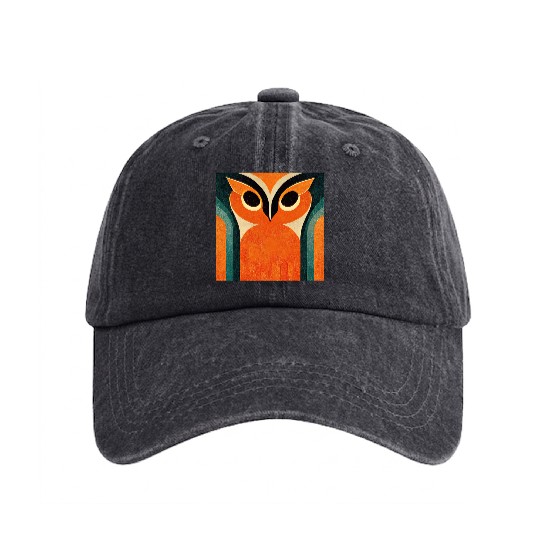 Mod Owl: Big Bold Orange Owl Washed Denim Baseball Caps