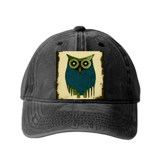 Mod Owl: Woodcut Owl Washed Denim Baseball Caps