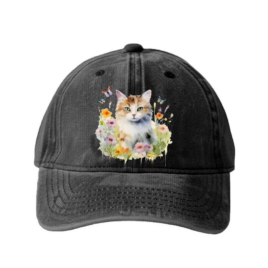 CAT Watercolor Flowers Butterflies Washed Denim Baseball Caps