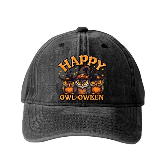 Happy Owloween Cute Halloween Owl Washed Denim Baseball Caps