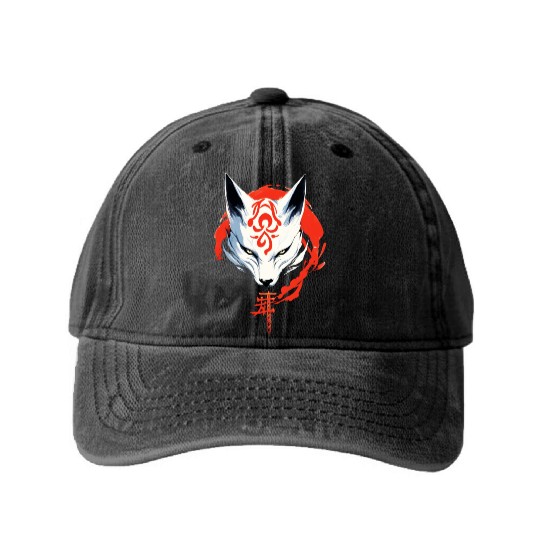 Kumiho Samurai Fox Maske Kitsune Japan Anime Washed Denim Baseball Caps