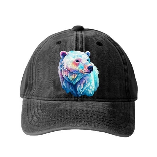 Polar Bear Roar in Winter Wonderland Watercolor Washed Denim Baseball Caps