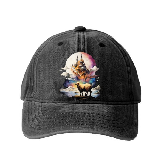 Retro Celestial Moon Sheep Adventure Washed Denim Baseball Caps