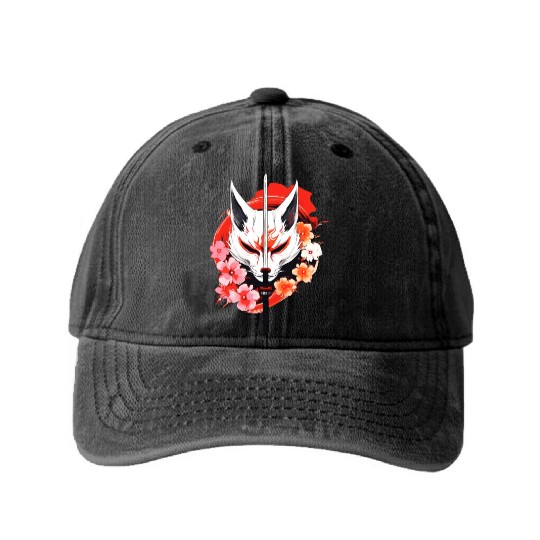 Kitsune Fox Maske Kumiho Samurai Japan Anime Washed Denim Baseball Caps