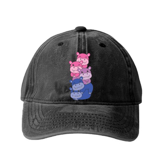 Bisexual Flag Pride Lgbtq Cute Hippo Washed Denim Baseball Caps