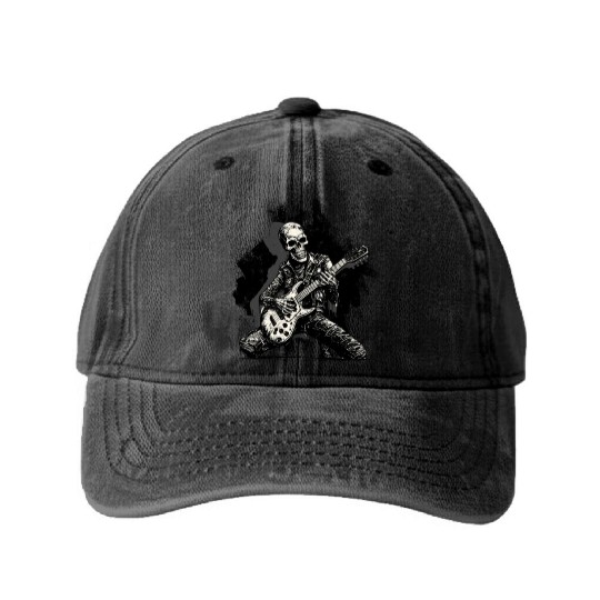 Halloween Skeleton Playing Guitar - Music Washed Denim Baseball Caps