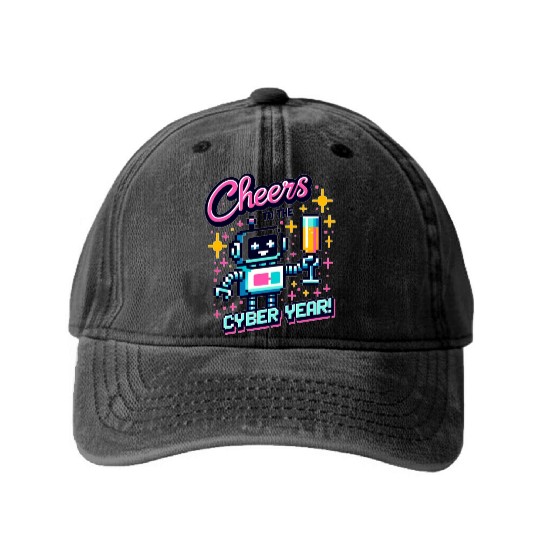 Retro Robot New Year's Toast - Cyber Champagne Fun Washed Denim Baseball Caps