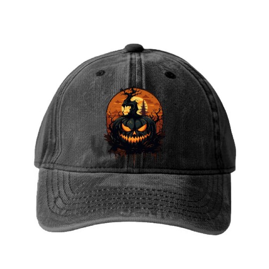 Spooky Halloween Pumpkin Washed Denim Baseball Caps