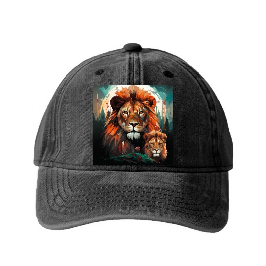 Geometric Lion Mother and Lion Cub in the Forest Washed Denim Baseball Caps