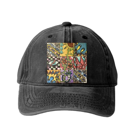 Hand painted wooden squares art by KateToxin Washed Denim Baseball Caps