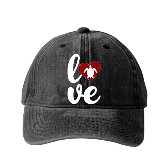 Sea Turtle Lover Buffalo Plaid Love Turtle Washed Denim Baseball Caps
