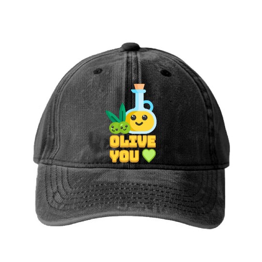 Olive You! Cute Olive I Love You Cartoon Washed Denim Baseball Caps