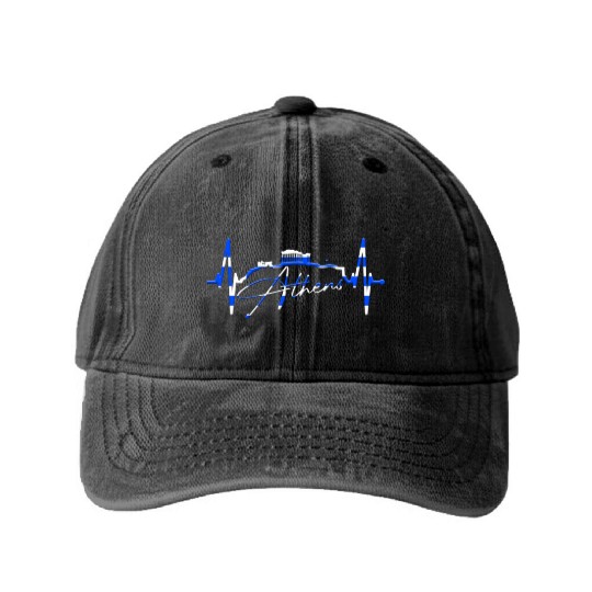 Athens Skyline Heartbeat Heart Flag Ancient Greek Washed Denim Baseball Caps