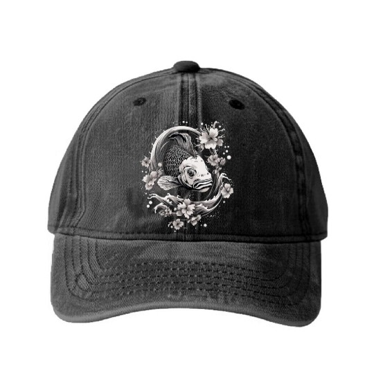 Koi Fish Koi Carp Japanese Tatto-style Koi Washed Denim Baseball Caps