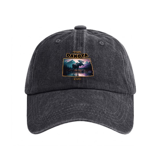 North Dakota - Moose Washed Denim Baseball Caps