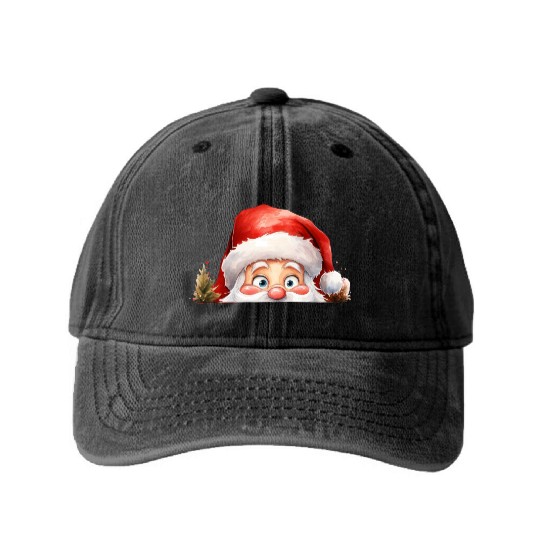 Santa Christmas watercolor art piece Washed Denim Baseball Caps