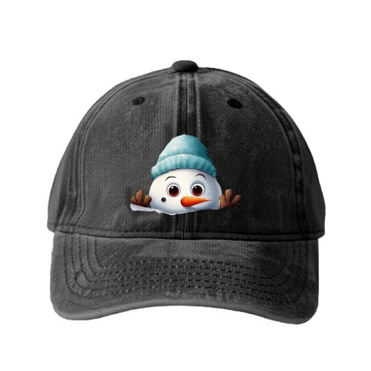 Snowman Christmas watercolor Santa hat Washed Denim Baseball Caps
