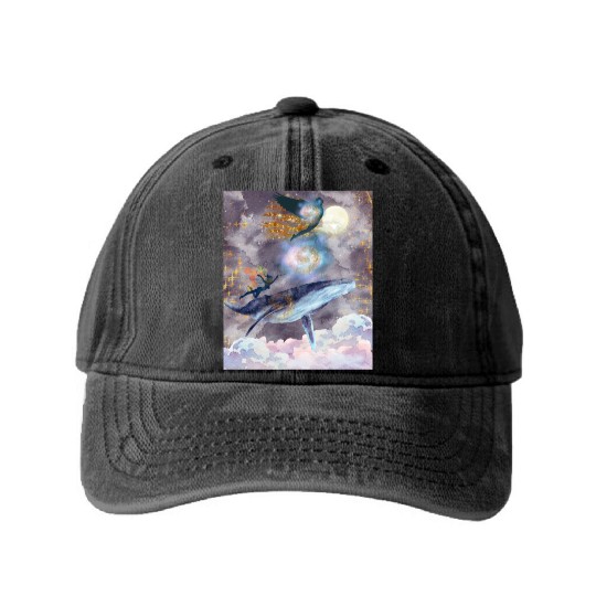 Whale's Celestial Journey Washed Denim Baseball Caps