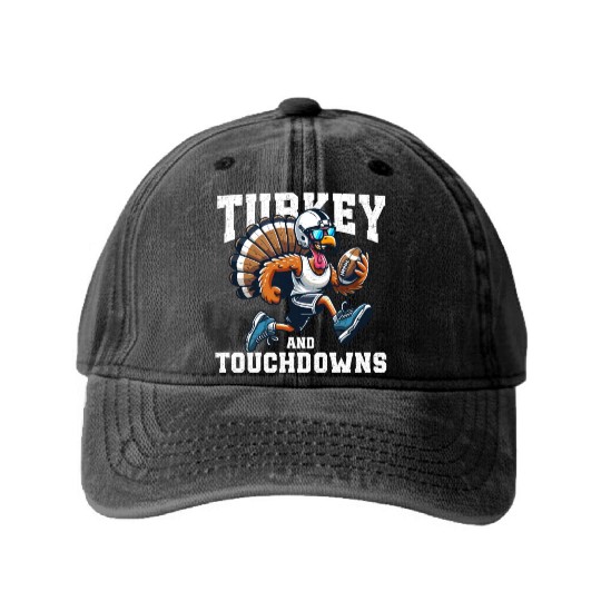 Turkey Touchdowns Football Thanksgiving Washed Denim Baseball Caps