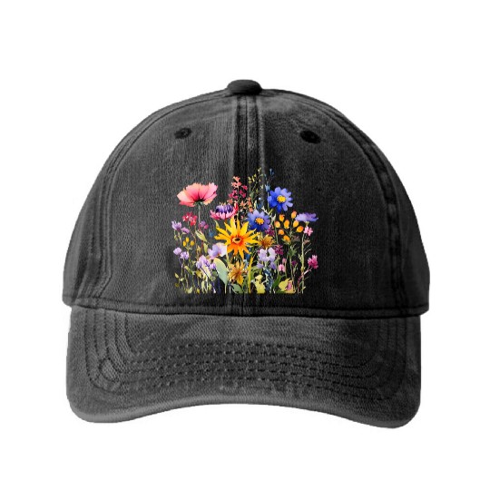 Wildflower Blooming Floral Washed Denim Baseball Caps
