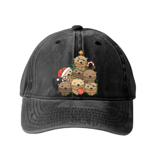 Otter Christmas Tree Funny Animal Christmas Washed Denim Baseball Caps