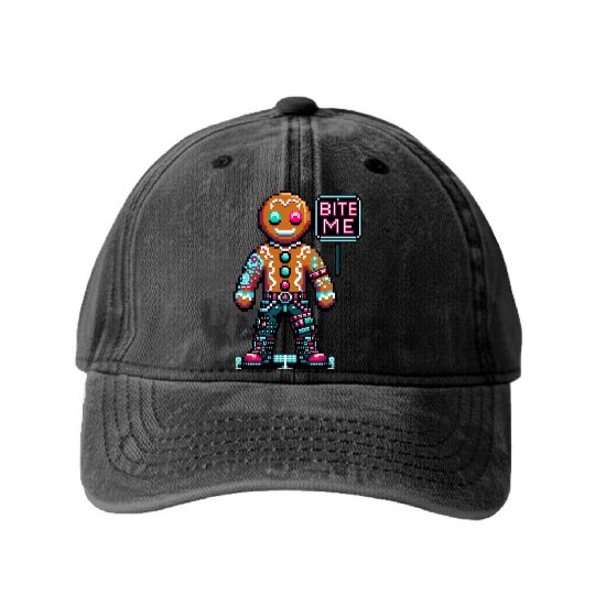 Cyberpunk Gingerbread Man Neon 'Bite Me' Christmas Washed Denim Baseball Caps