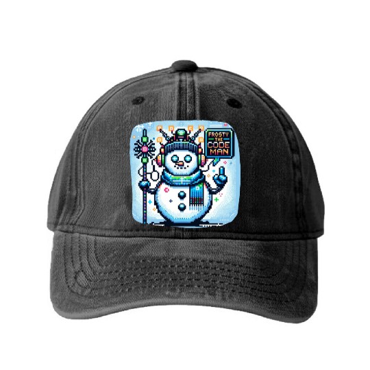 Frosty the Code-man | Cyberpunk Neon Snowman Pixel Washed Denim Baseball Caps