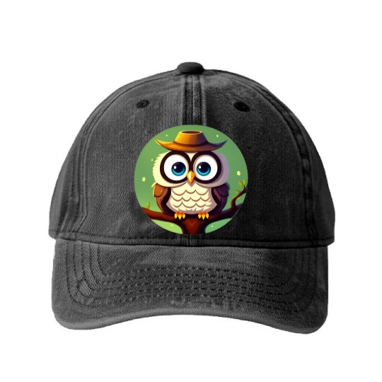 Owl in a hat Washed Denim Baseball Caps