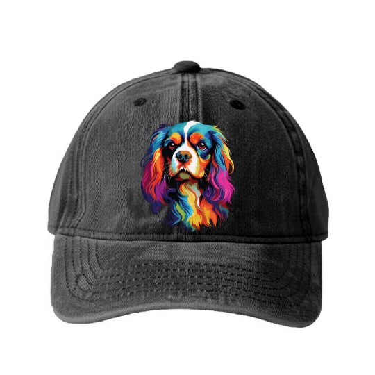 Watercolor Colorful Cavalier King Charles Spaniel Washed Denim Baseball Caps
