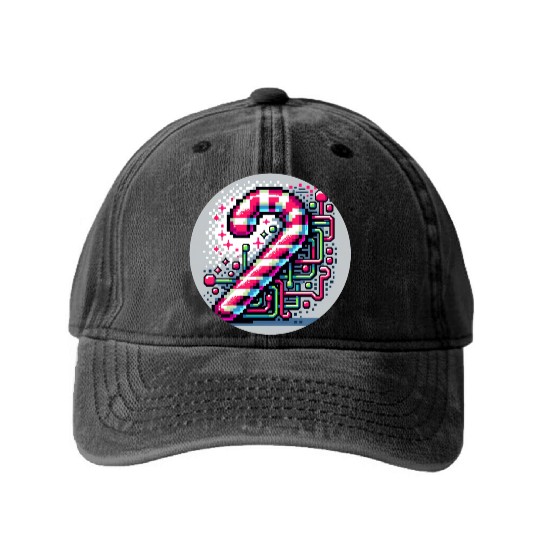 Neon Cyberpunk Candy Cane 8-Bit Pixel Christmas Washed Denim Baseball Caps