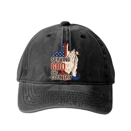 Serving God And Country US Flag Cross Patriotic Ch Washed Denim Baseball Caps