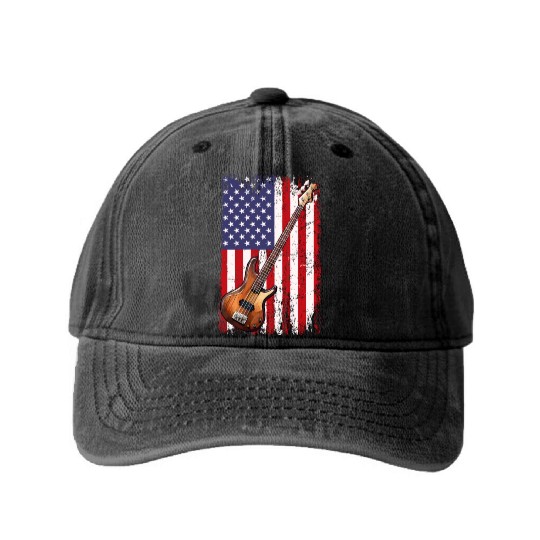 bass guitar american flag, funny bass player Washed Denim Baseball Caps