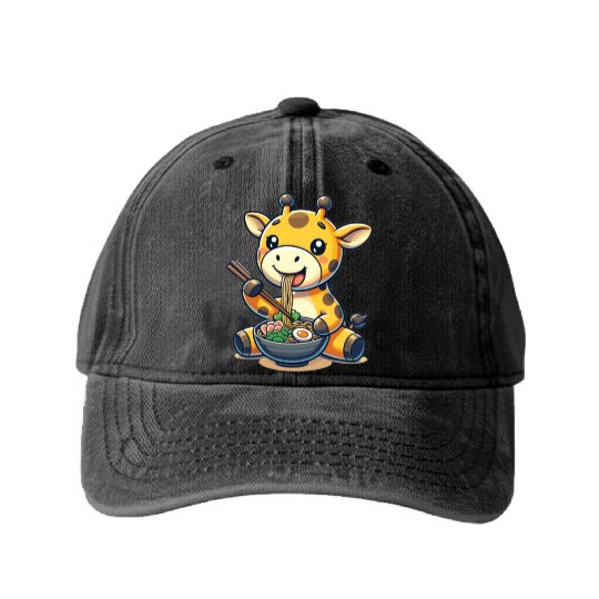 Cute Giraffe Eats Ramen Noodles Giraffe Ramen Washed Denim Baseball Caps
