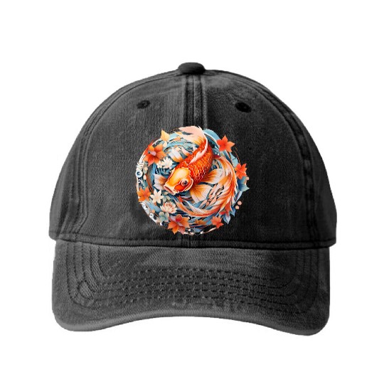 Koi Fish Mandala Art Washed Denim Baseball Caps