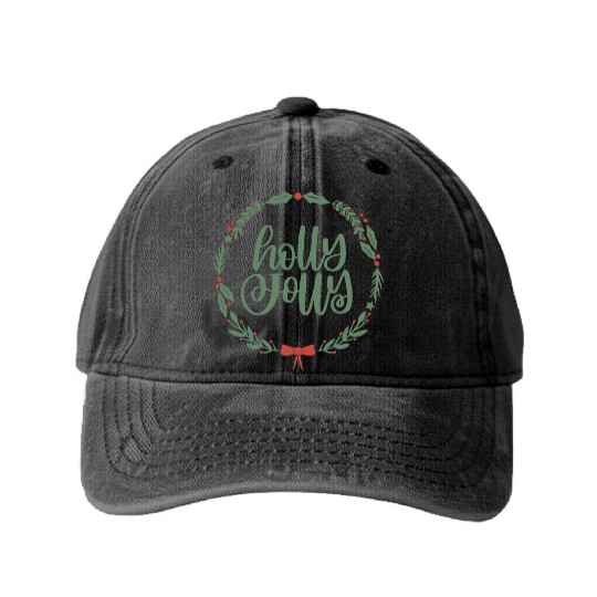 Holly Jolly Sage Green Christmas Wreath Fun Washed Denim Baseball Caps