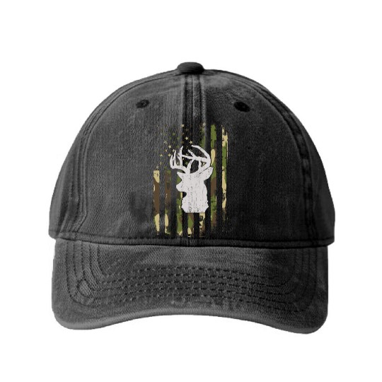 Buck Deer Hunting Camouflage Flag Hunter Washed Denim Baseball Caps