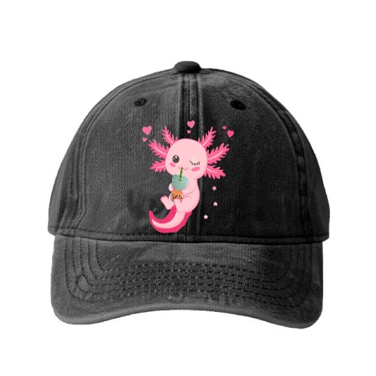 Boba Tea Bubble Tea Milk Tea Axolotl Washed Denim Baseball Caps