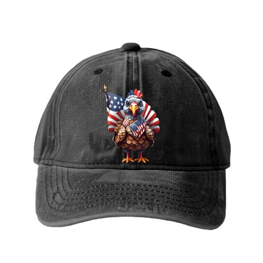 Patriotic Plumes: Thanksgiving Turkey Flag Style Washed Denim Baseball Caps