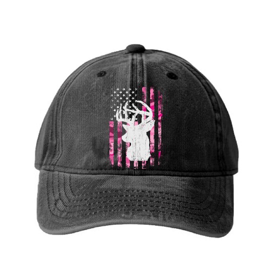 Deer Hunting Camo Pink Camouflage American Flag Washed Denim Baseball Caps