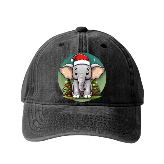 Elephant Christmas Washed Denim Baseball Caps