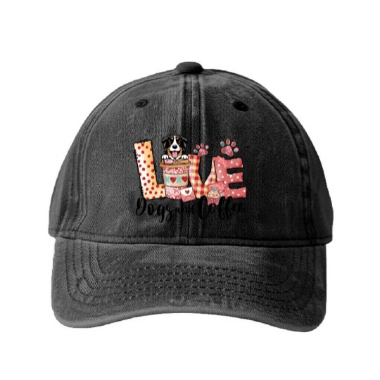 Bernese Collie Dog Coffee Lover Dog Mom Valentines Washed Denim Baseball Caps