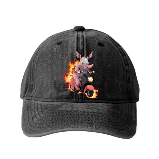 Rhino Riding Scooter Funny Rhinoceros Biker Moped Washed Denim Baseball Caps