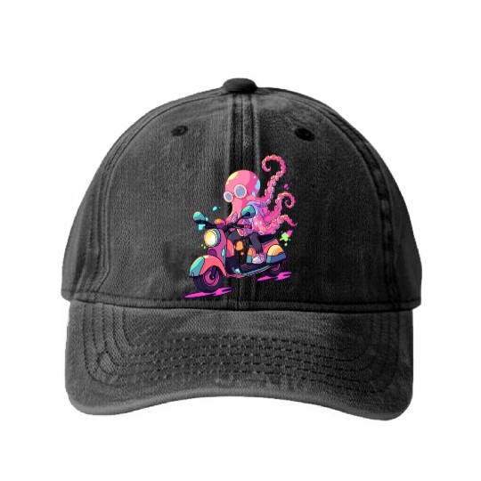 Octopus Riding Scooter Funny Motor Biker Moped Washed Denim Baseball Caps