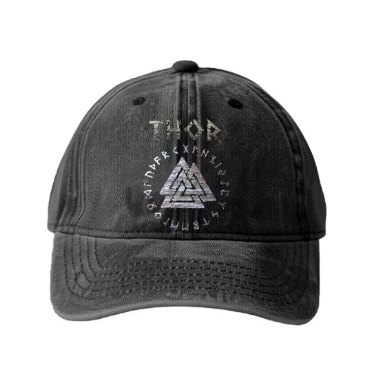 Thor Mjolnir Valknut Vikings Runes Washed Denim Baseball Caps
