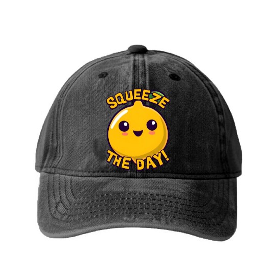 Squeeze The Day! Cute Lemon Cartoon! Washed Denim Baseball Caps