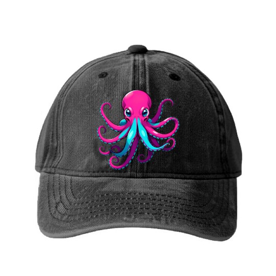 A Cartoonish Octopus in a Playful Pose Washed Denim Baseball Caps