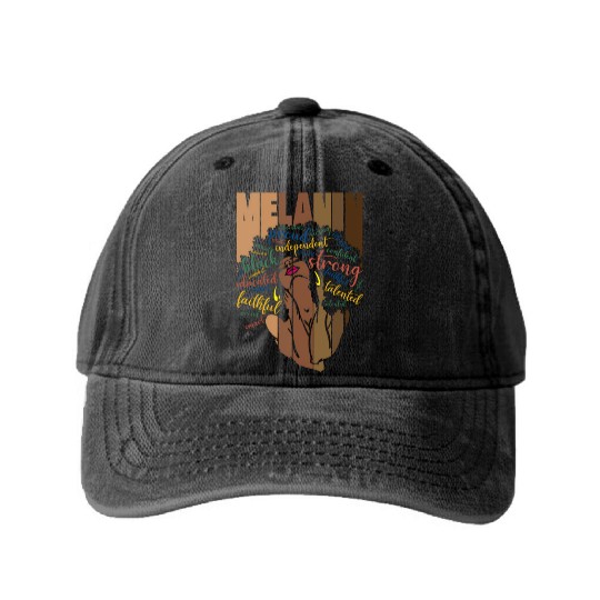 Melanin Powerful Words Afro Black Washed Denim Baseball Caps