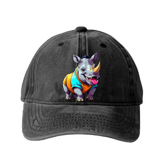 A Cartoonish Rhinoceros in a Playful Pose Washed Denim Baseball Caps
