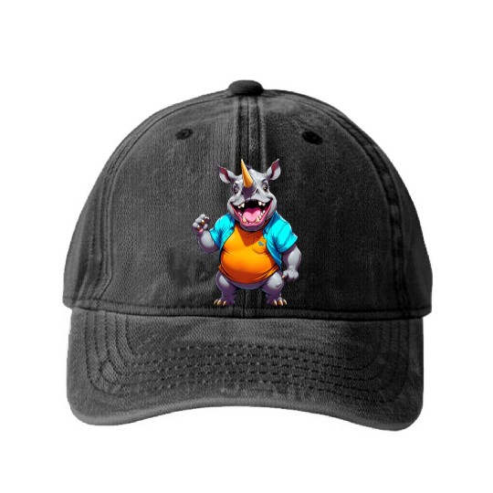 A Cartoonish Rhinoceros in a Playful Pose Washed Denim Baseball Caps